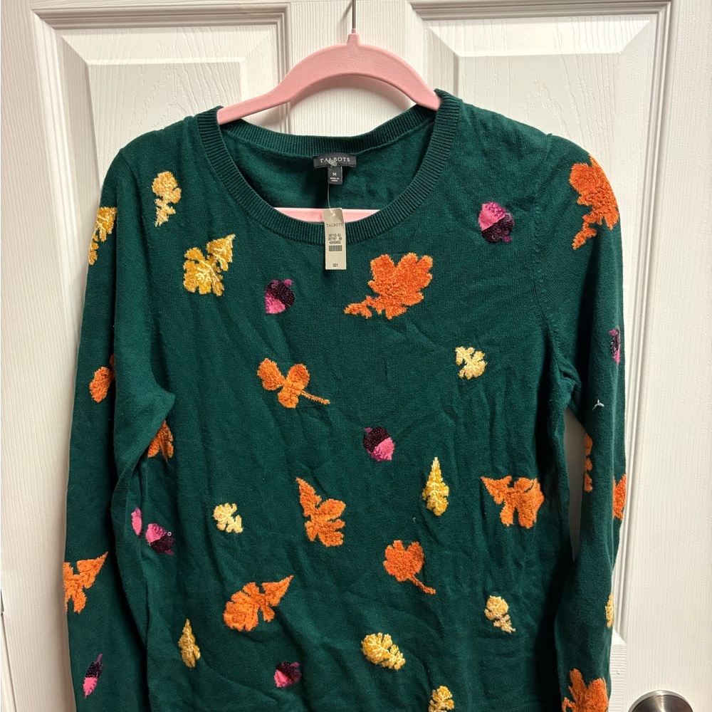 Talbots Green Sweater with Multicolor Leaf Accents